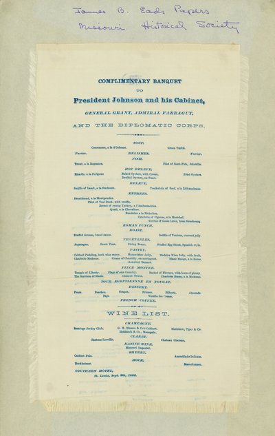 Menu and Envelope for Dinner to Honor Andrew Johnson and Other Officials by Unbekannt Unbekannt